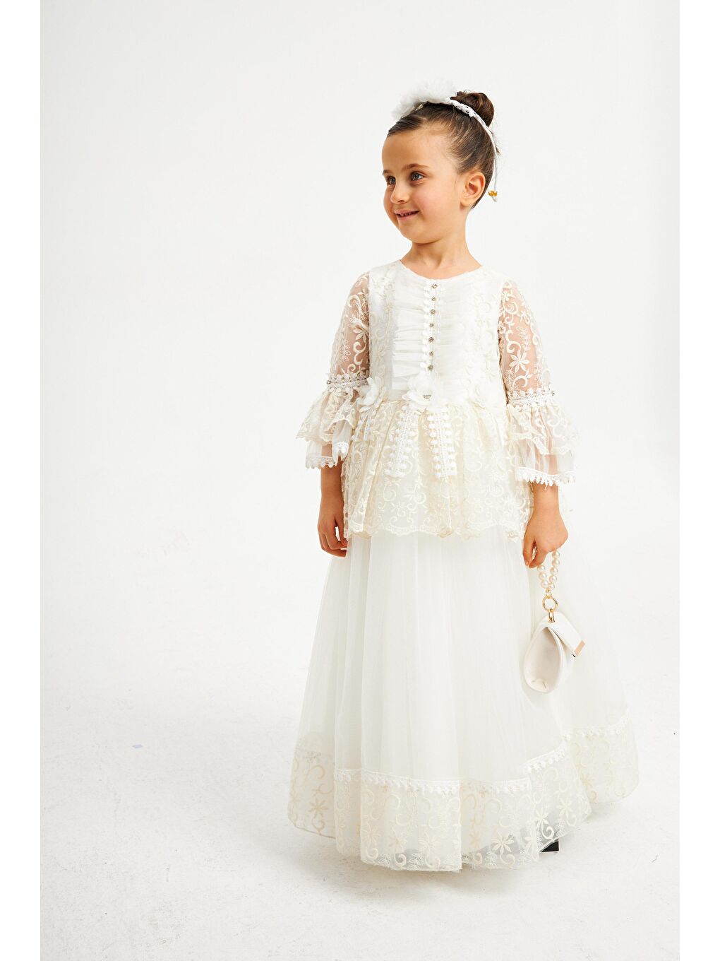 Ekru Yakası Ve Kolları Boncuklu Çantalı Abiye-3