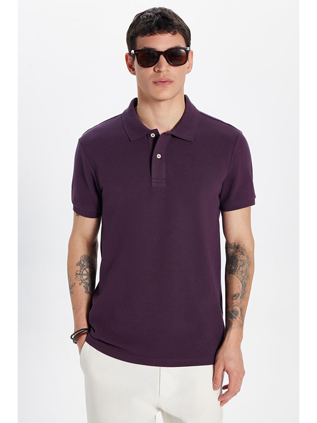 Erkek Slim Fit Dar Kesim %100 Pamuk Mürdüm Polo Yaka Tişört