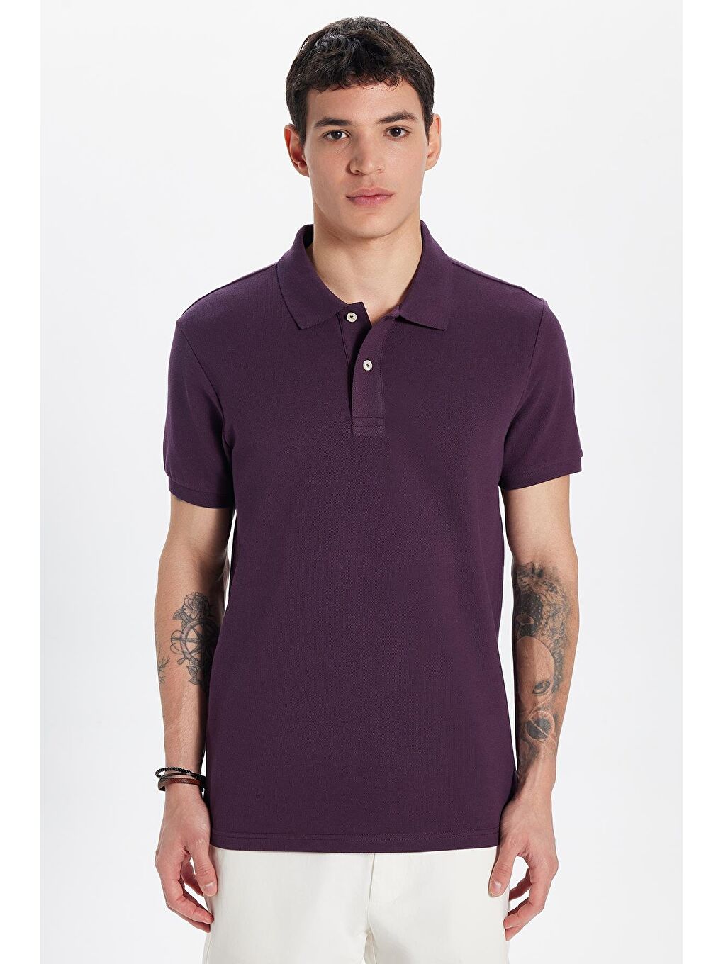 Erkek Slim Fit Dar Kesim %100 Pamuk Mürdüm Polo Yaka Tişört-2