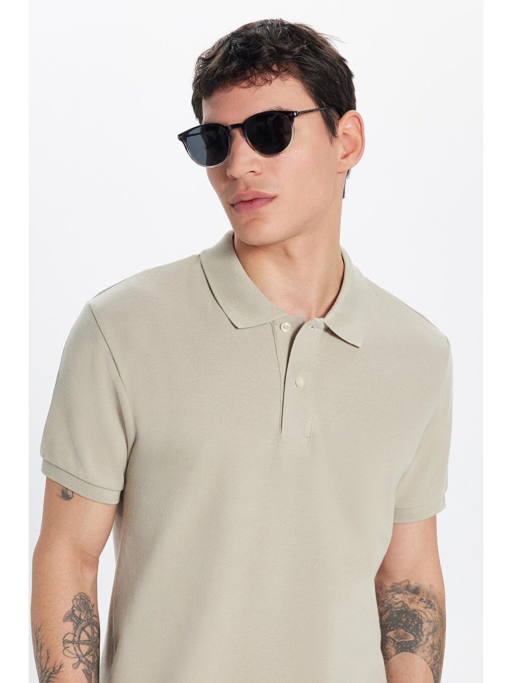 Bej Erkek Slim Fit Dar Kesim %100 Pamuk Taş Polo Yaka Tişört