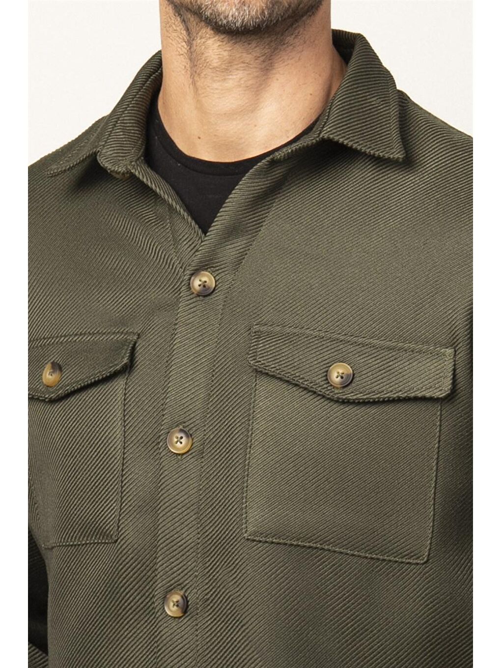 Relax Fit Çift Cep Kapaklı Kışlık Erkek Haki Gömlek-2