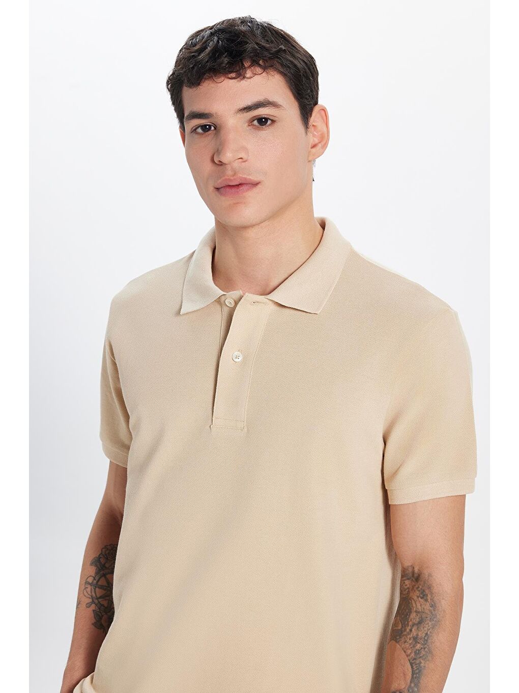 Erkek Slim Fit Dar Kesim %100 Pamuk Bej Polo Yaka Tişört-1