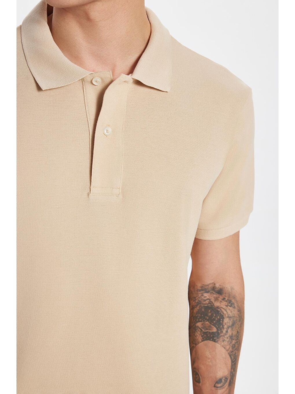 Erkek Slim Fit Dar Kesim %100 Pamuk Bej Polo Yaka Tişört-2