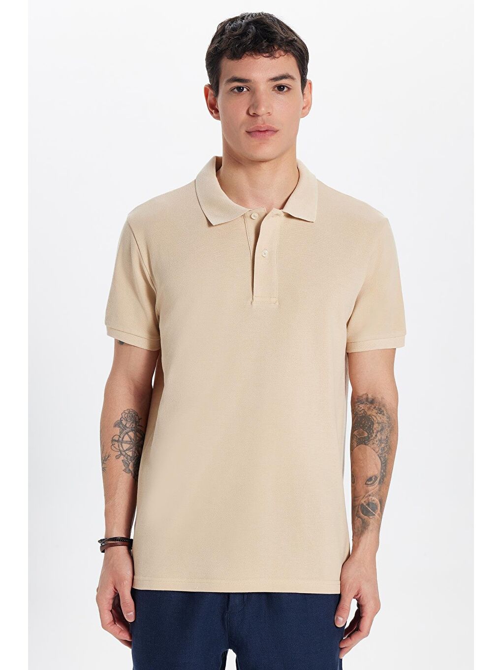 Erkek Slim Fit Dar Kesim %100 Pamuk Bej Polo Yaka Tişört-3