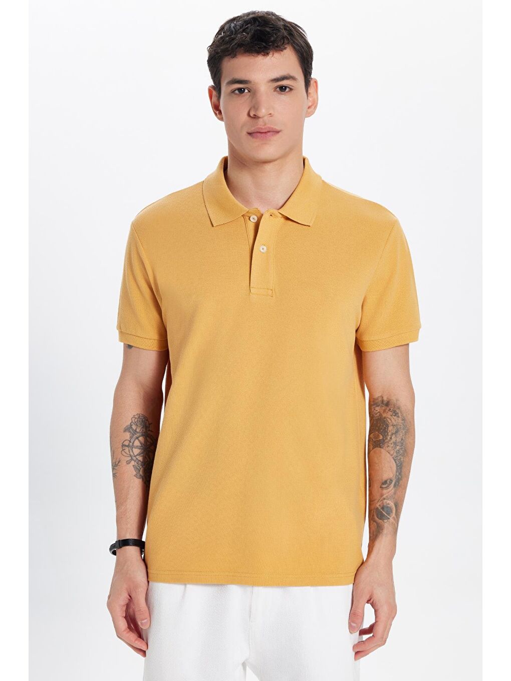 Erkek Slim Fit Dar Kesim %100 Pamuklu Sarı Renk Polo Yaka Tişört-3