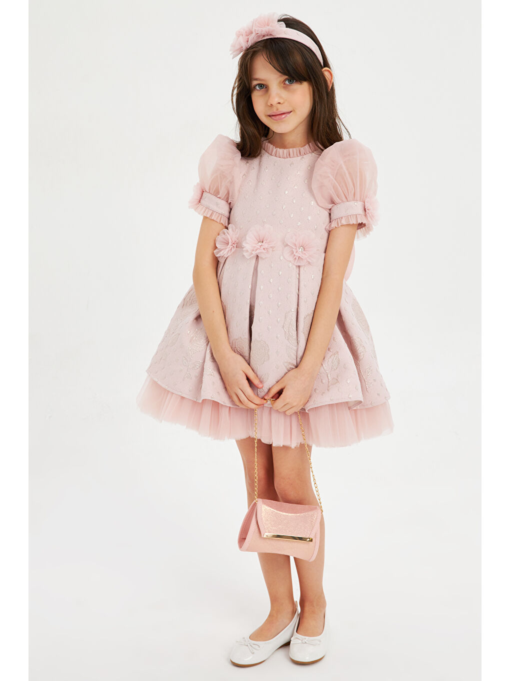 Pembe Balon Kollu Kumaşı Çiçek Desenli Çantalı Taçlı Abiye-1