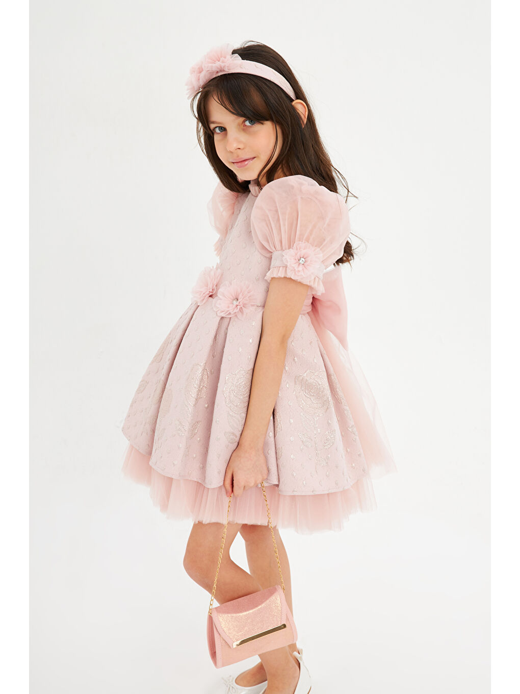 Pembe Balon Kollu Kumaşı Çiçek Desenli Çantalı Taçlı Abiye-2