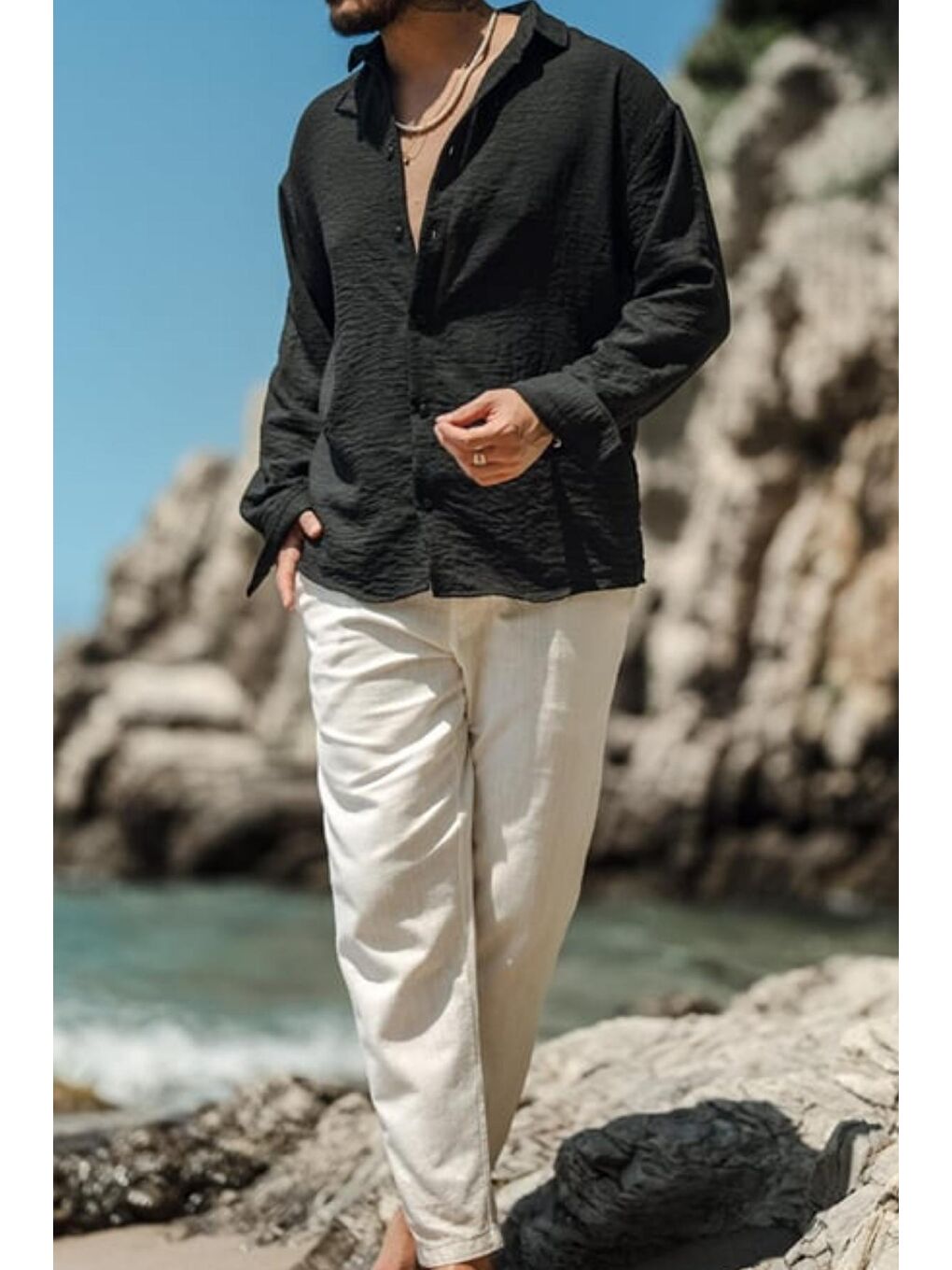 Siyah Erkek Uzun Kollu Gömlek Yaka Keten Oversize Gömlek-1