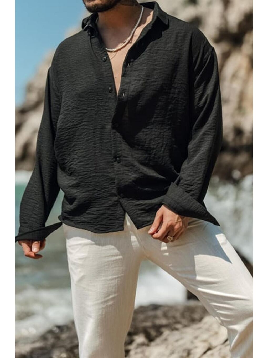 Siyah Erkek Uzun Kollu Gömlek Yaka Keten Oversize Gömlek-3