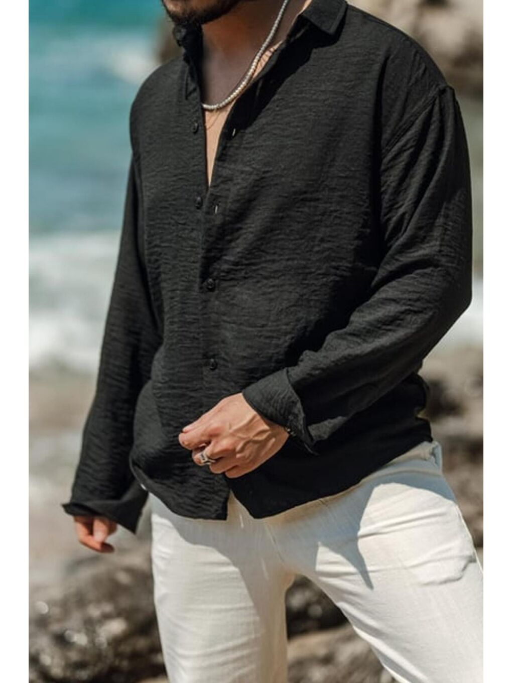 Siyah Erkek Uzun Kollu Gömlek Yaka Keten Oversize Gömlek-4