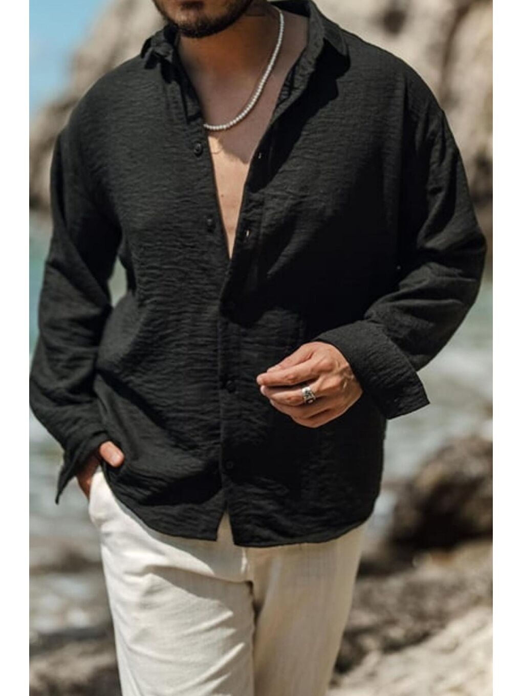 Siyah Erkek Uzun Kollu Gömlek Yaka Keten Oversize Gömlek-5