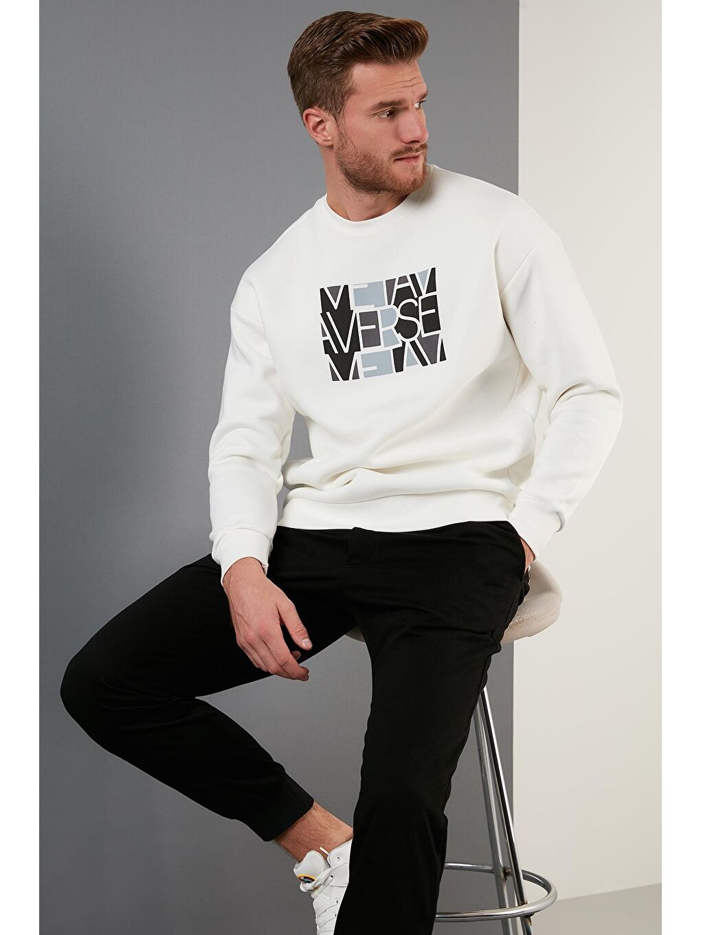 Ekru Pamuklu Oversize İçi Tüylü Yumuşak Şardonlu Erkek Sweat 572METAVERSE