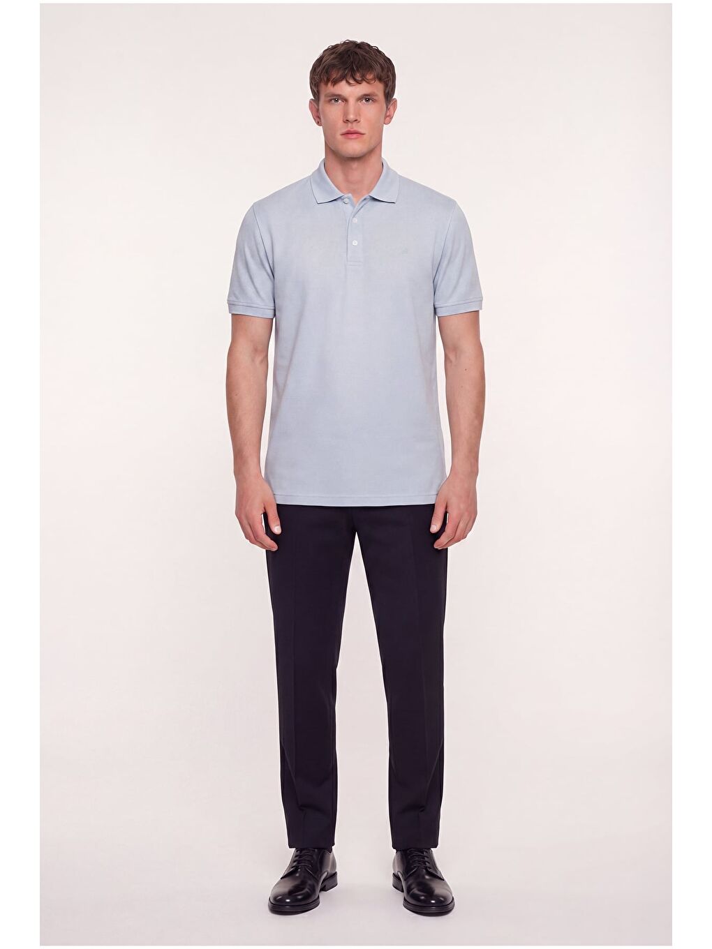 Erkek Açık Gri Dar Kesim Slim Fit %100 Pamuk Dokuma Düğmeli Polo Yaka Tişört-1