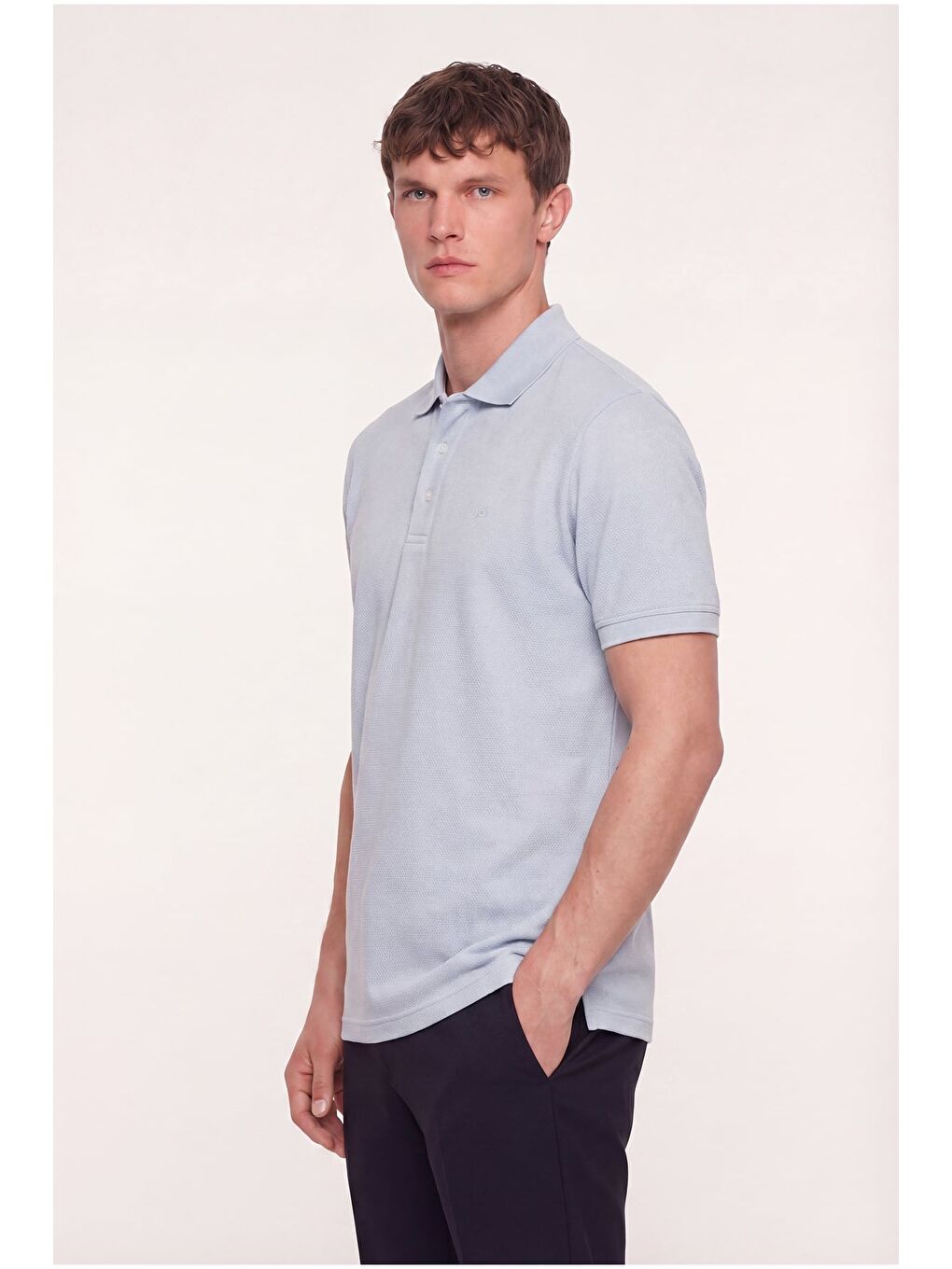 Erkek Açık Gri Dar Kesim Slim Fit %100 Pamuk Dokuma Düğmeli Polo Yaka Tişört-2