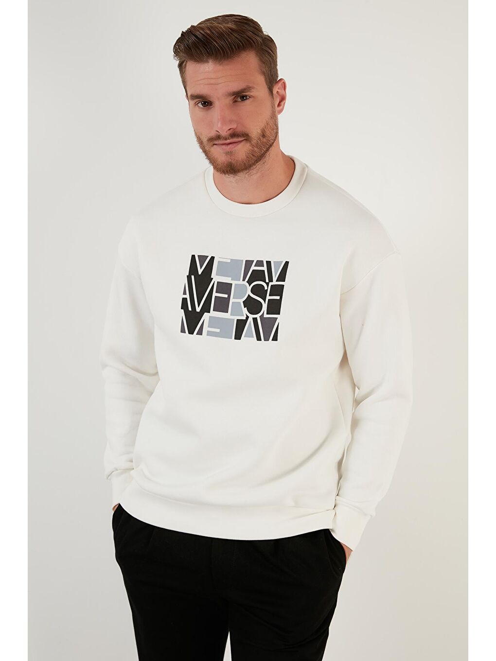 Ekru Pamuklu Oversize İçi Tüylü Yumuşak Şardonlu Erkek Sweat 572METAVERSE-1