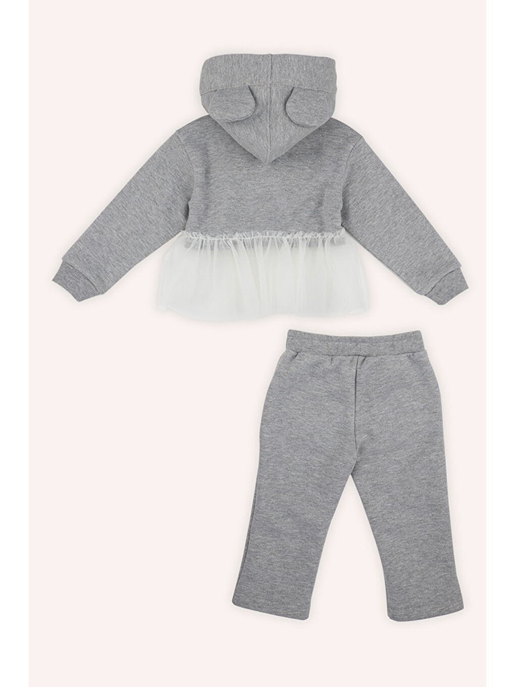 Kız Bebek Kulak Detaylı 2'li Gri-Melanj Eşofman Takımı-1