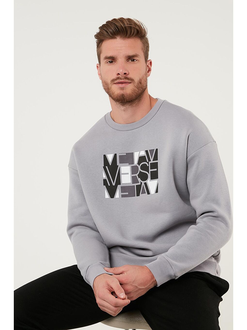 Gri Pamuklu Oversize İçi Tüylü Yumuşak Şardonlu Sweat 572METAVERSE