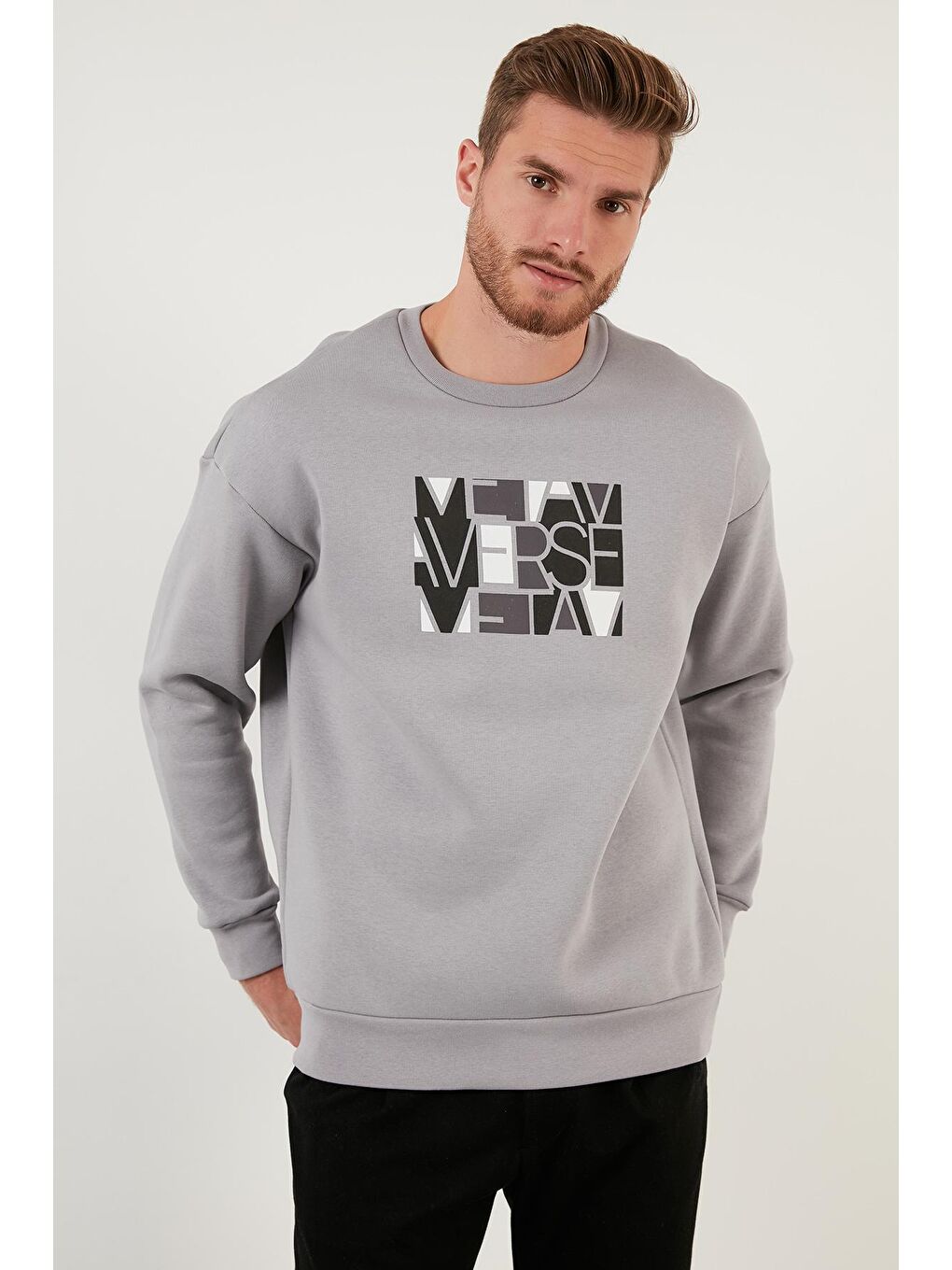 Gri Pamuklu Oversize İçi Tüylü Yumuşak Şardonlu Sweat 572METAVERSE-2