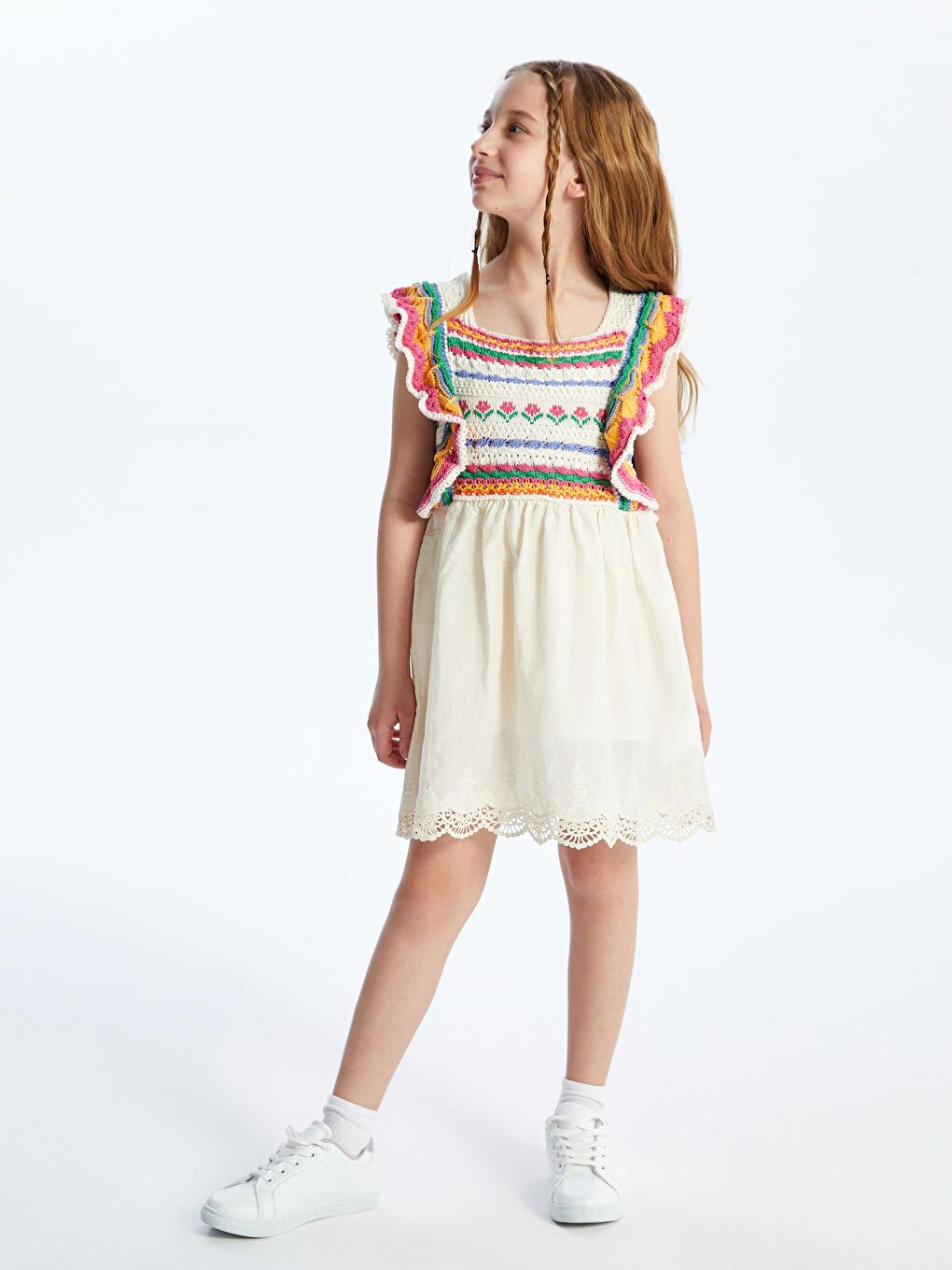 Lila Giron - Örgü Detaylı ve Keten Astarlı Elbise - Ekru/Pembe-1