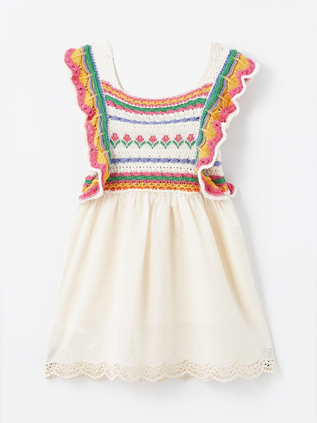 Lila Giron - Örgü Detaylı ve Keten Astarlı Elbise - Ekru/Pembe-2