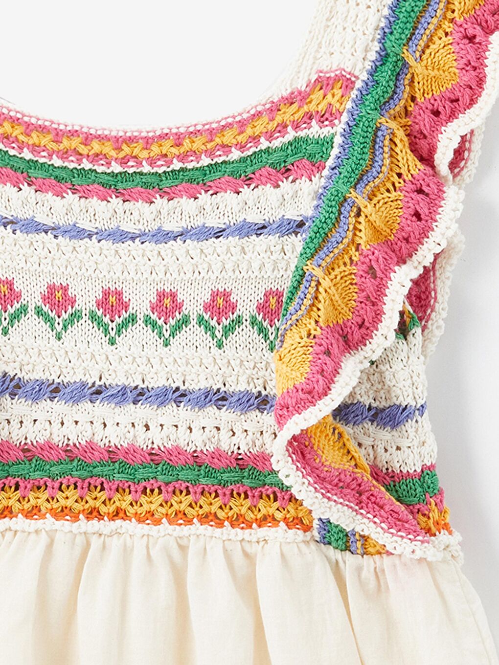 Lila Giron - Örgü Detaylı ve Keten Astarlı Elbise - Ekru/Pembe-3