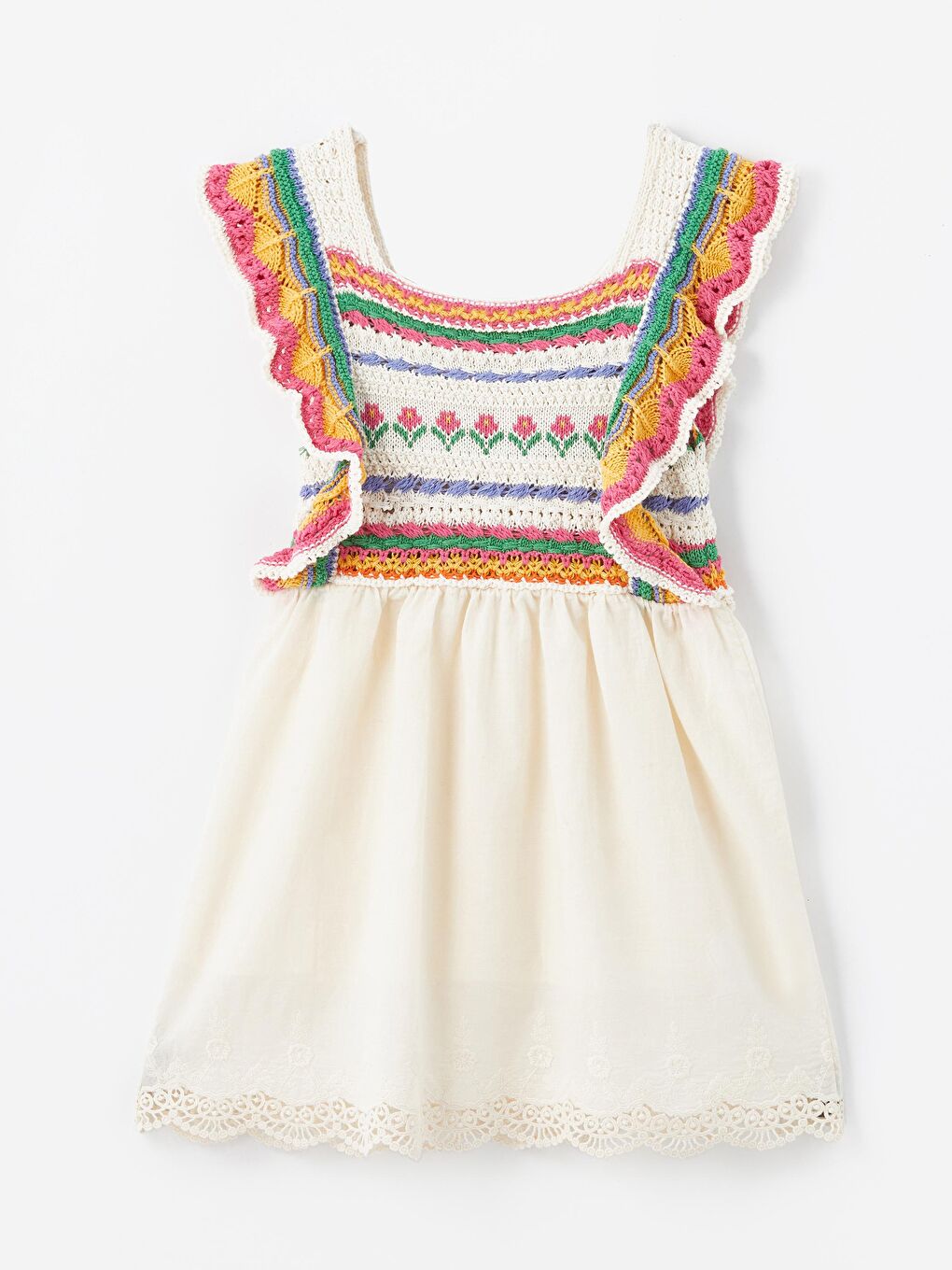 Lila Giron - Örgü Detaylı ve Keten Astarlı Elbise - Ekru/Pembe-4