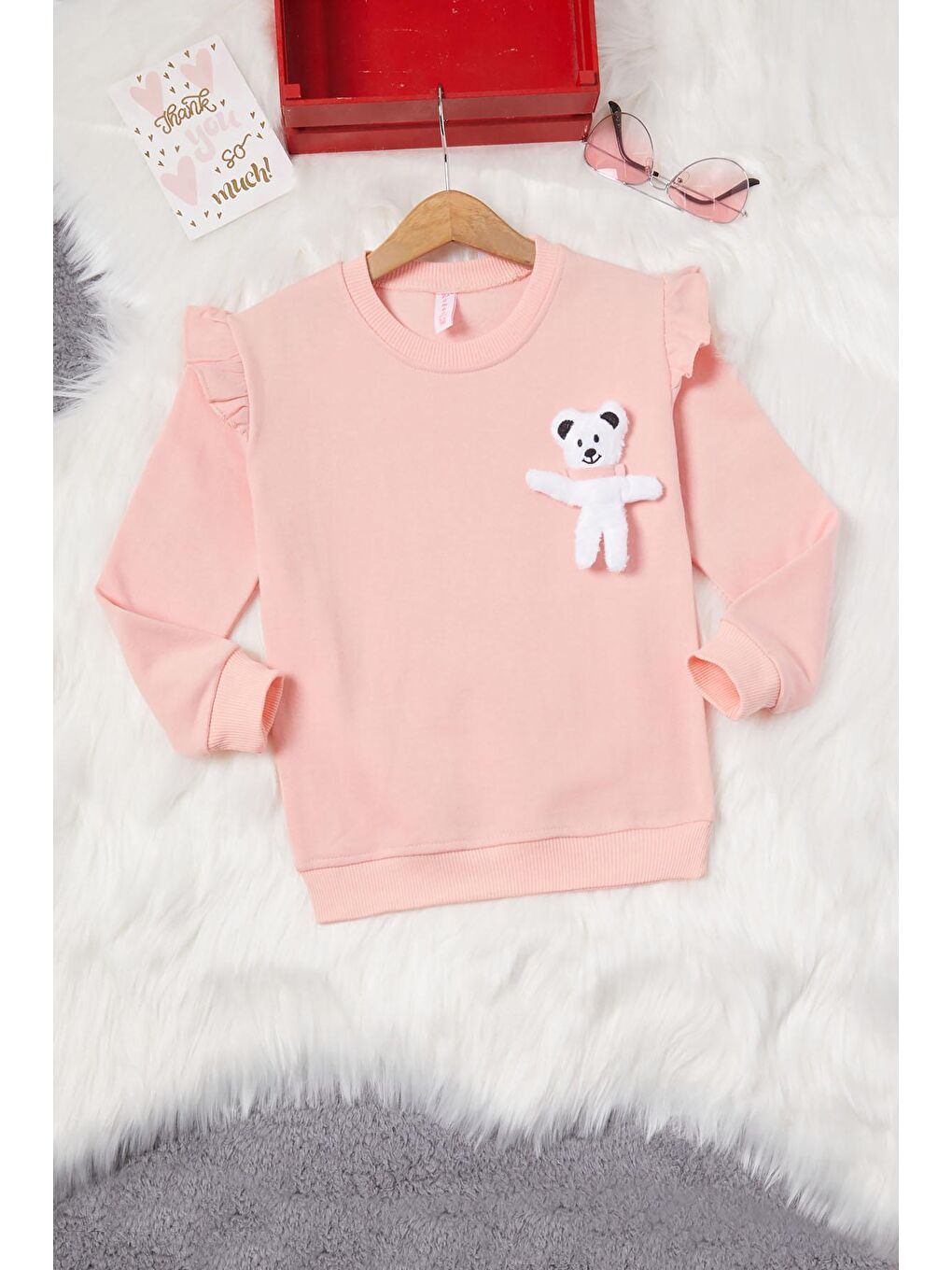 Pembe Somon Ayıcıklı Kolları Volanlı Kız Çocuk Şardonlu Sweatshirt 16980