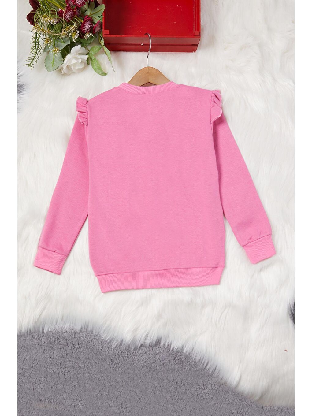 Pembe Life Kids Club Pembe Ayıcıklı Kolları Volanlı Kız Çocuk Şardonlu Sweatshirt 16978 - 2