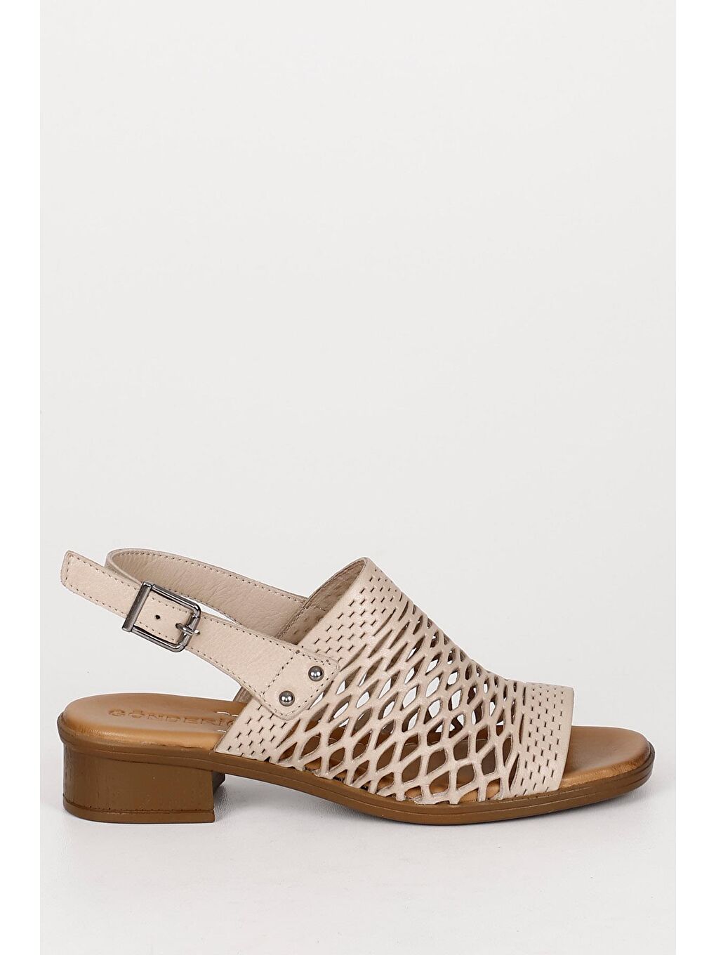 Bej Hakiki Deri Kısa Kalın Topuklu Kadın Sandalet 45661-3