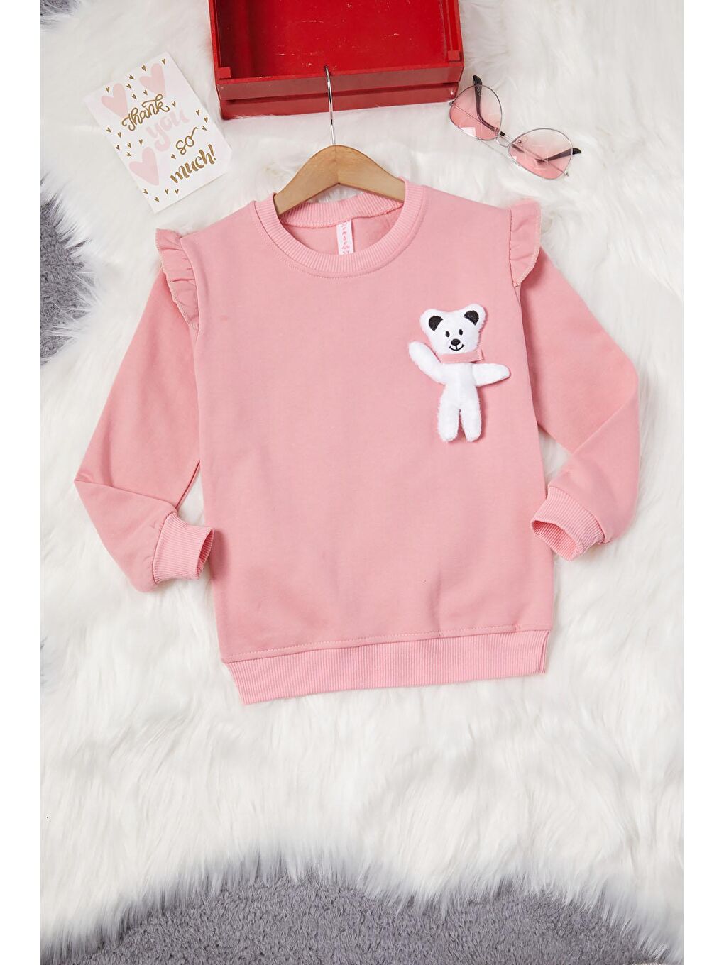 Pembe Life Kids Club Gülkurusu Gül Kurusu Ayıcıklı Kolları Volanlı Kız Çocuk Şardonlu Sweatshirt 16982