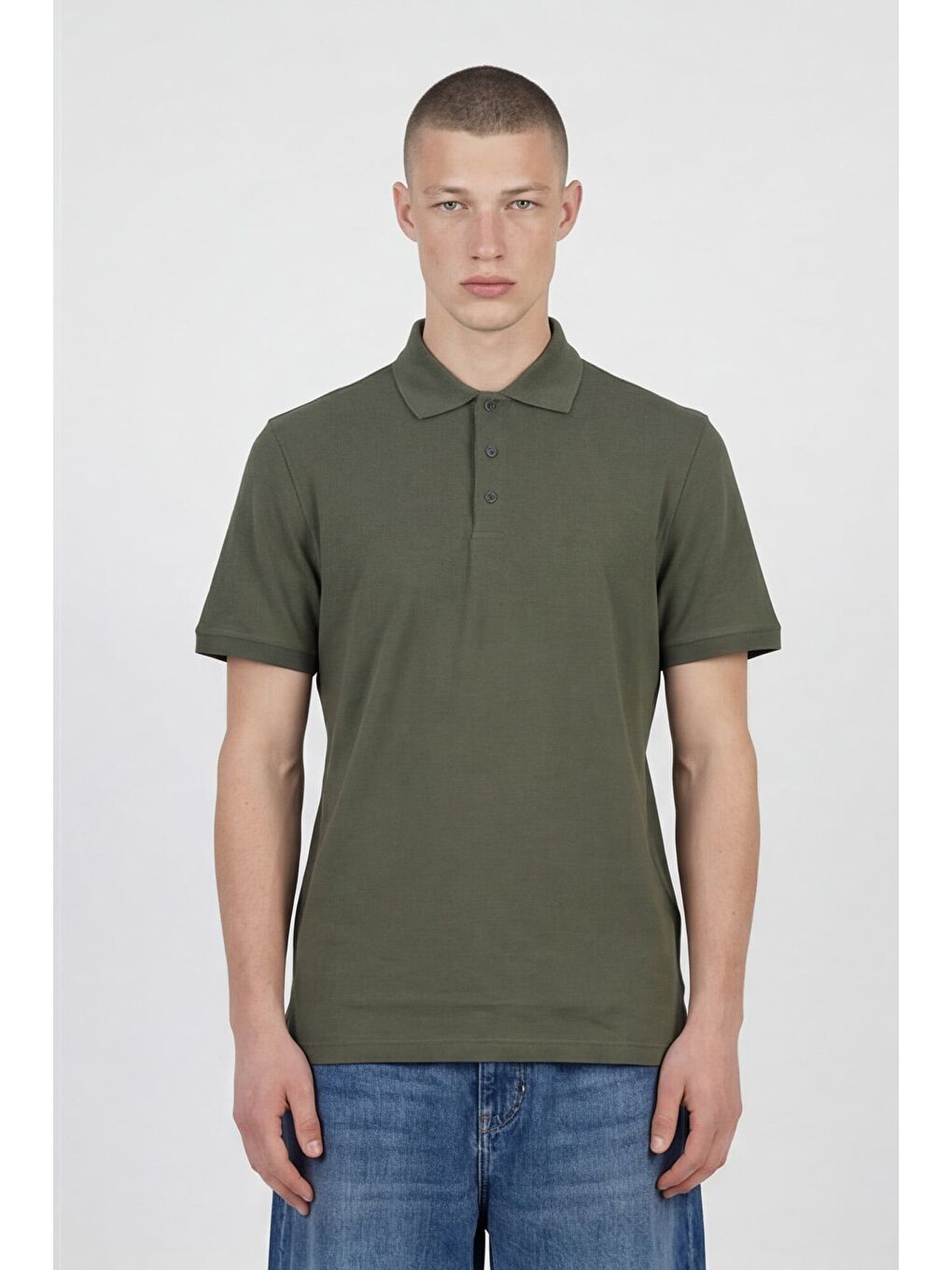 Erkek Haki Dar Kesim Slim Fit %100 Pamuk Kısa Kollu Düğmeli Polo Yaka Tişört
