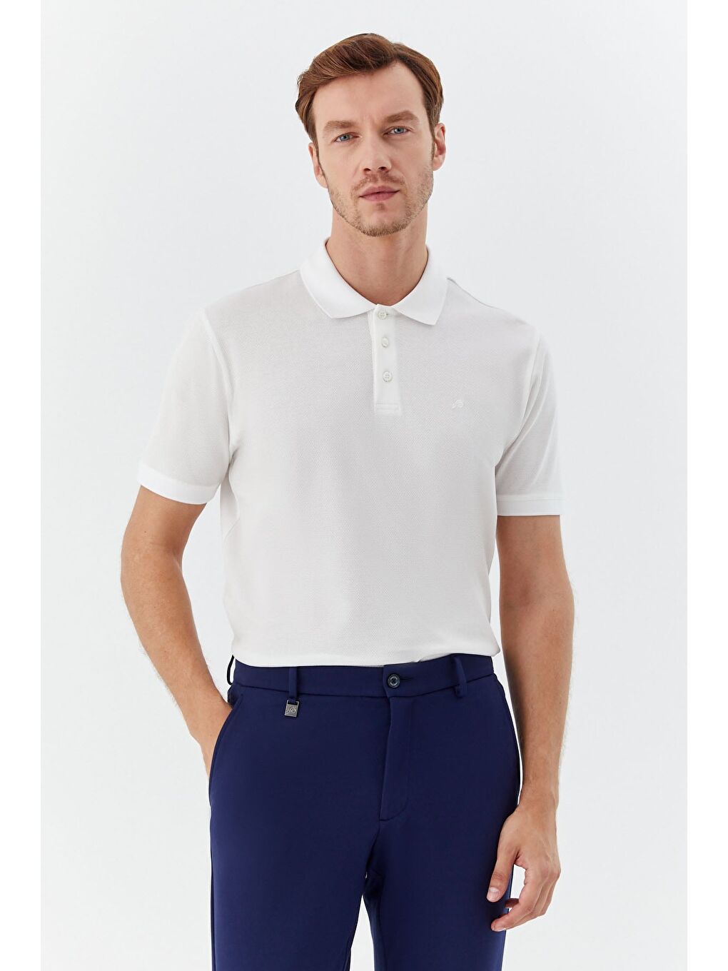 Erkek Beyaz Dar Kesim Slim Fit %100 Pamuk Dokuma Düğmeli Polo Yaka T-Shirt-3