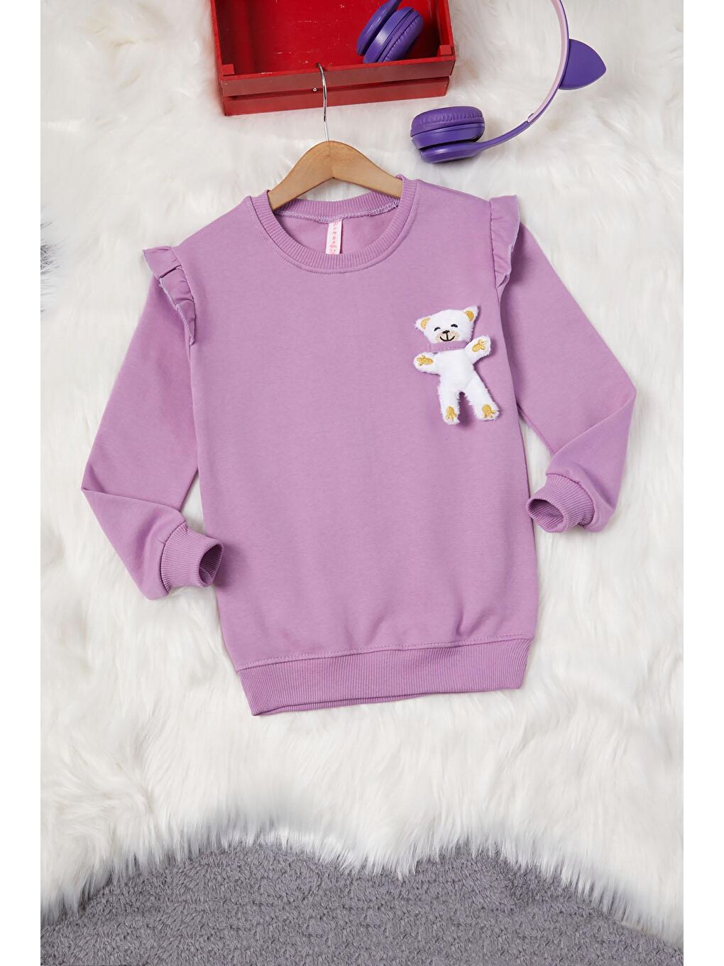 Pembe Life Kids Club Lila Ayıcıklı Kolları Volanlı Kız Çocuk Şardonlu Sweatshirt 16981