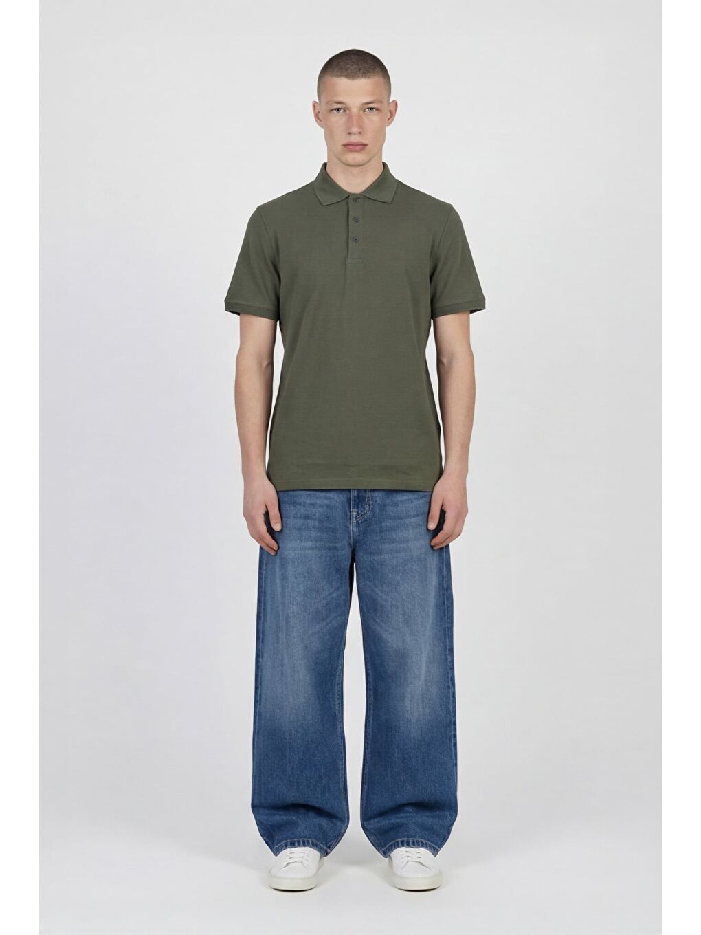 Erkek Haki Dar Kesim Slim Fit %100 Pamuk Kısa Kollu Düğmeli Polo Yaka Tişört-1