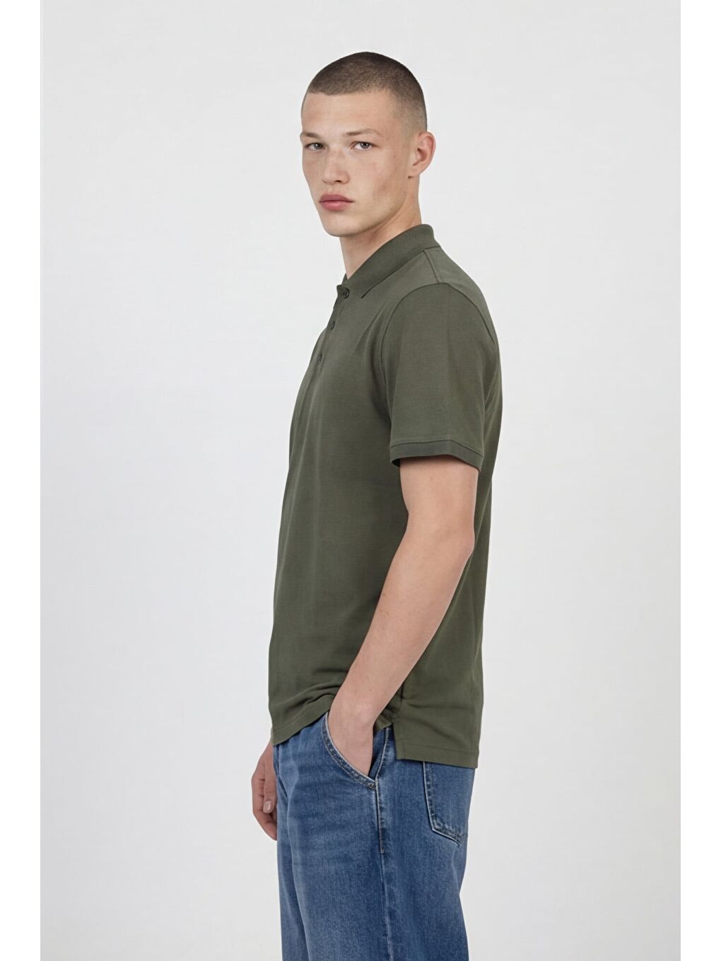 Erkek Haki Dar Kesim Slim Fit %100 Pamuk Kısa Kollu Düğmeli Polo Yaka Tişört-2
