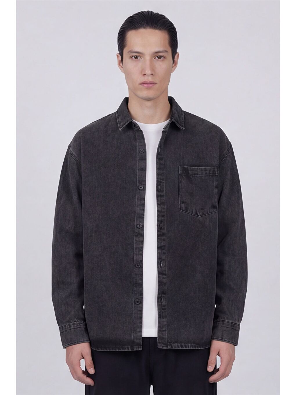 Erkek Antrasit Normal Kesim Regular Fit Pamuk Torba Cep Uzun Kollu Denim Ceket Gömlek