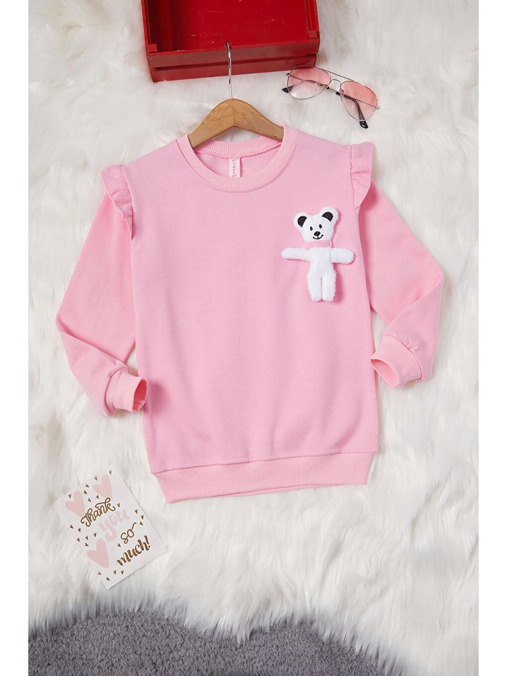 Açık Pembe Ayıcıklı Kolları Volanlı Kız Çocuk Şardonlu Sweatshirt 16985