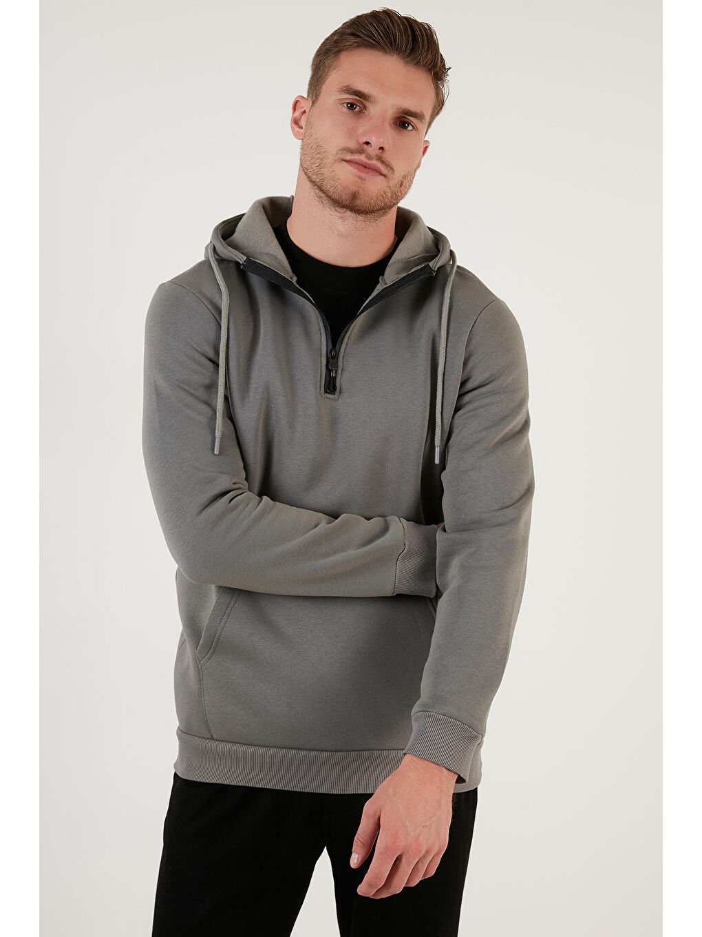 Antrasit Pamuklu İçi Tüylü Yumuşak Şardonlu Kapüşonlu Erkek Sweat 59052651-1