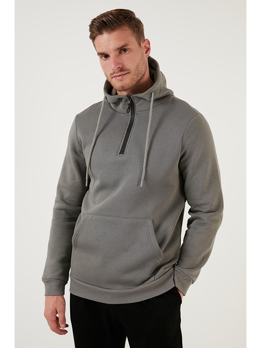 Antrasit Pamuklu İçi Tüylü Yumuşak Şardonlu Kapüşonlu Erkek Sweat 59052651-2