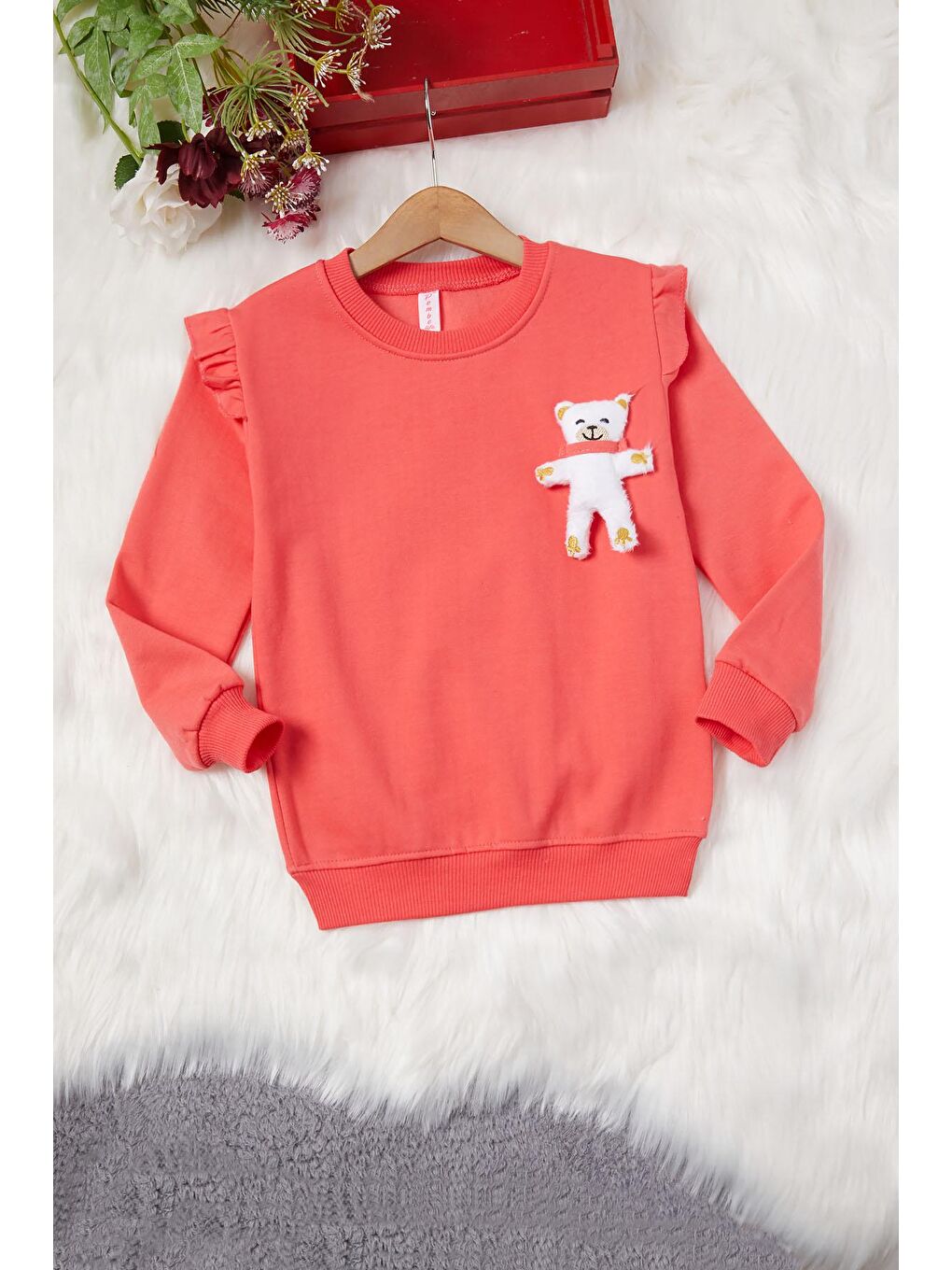 Kırmızı Ayıcıklı Kolları Volanlı Kız Çocuk Şardonlu Sweatshirt 16986