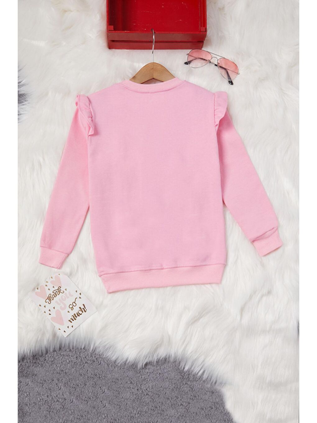 Açık Pembe Ayıcıklı Kolları Volanlı Kız Çocuk Şardonlu Sweatshirt 16985-3