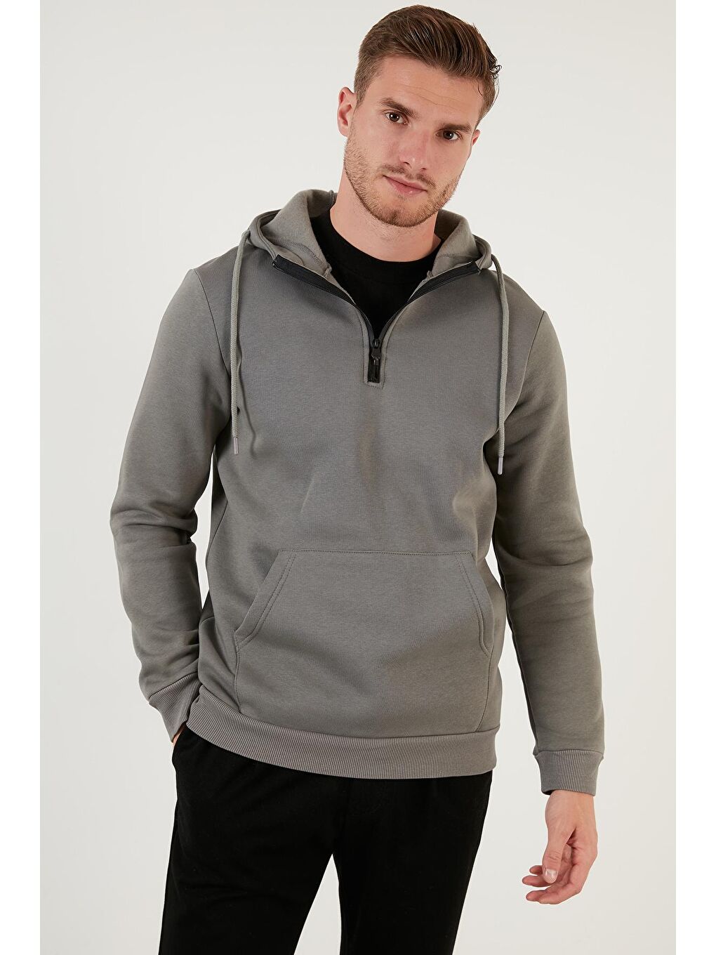 Antrasit Pamuklu İçi Tüylü Yumuşak Şardonlu Kapüşonlu Erkek Sweat 59052651-3