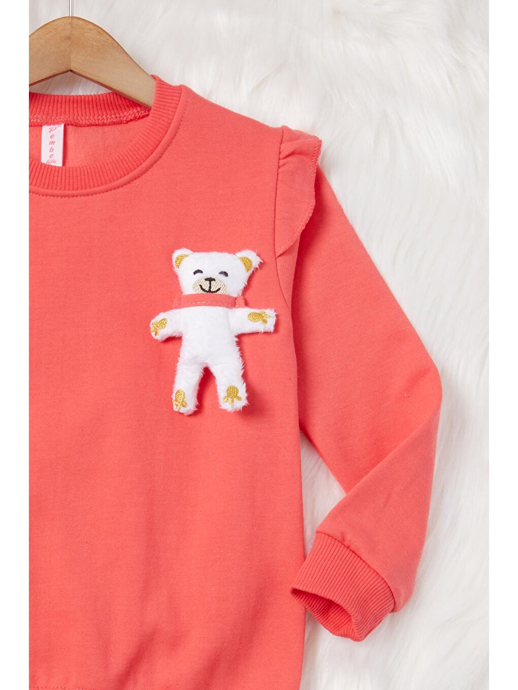 Kırmızı Ayıcıklı Kolları Volanlı Kız Çocuk Şardonlu Sweatshirt 16986-1