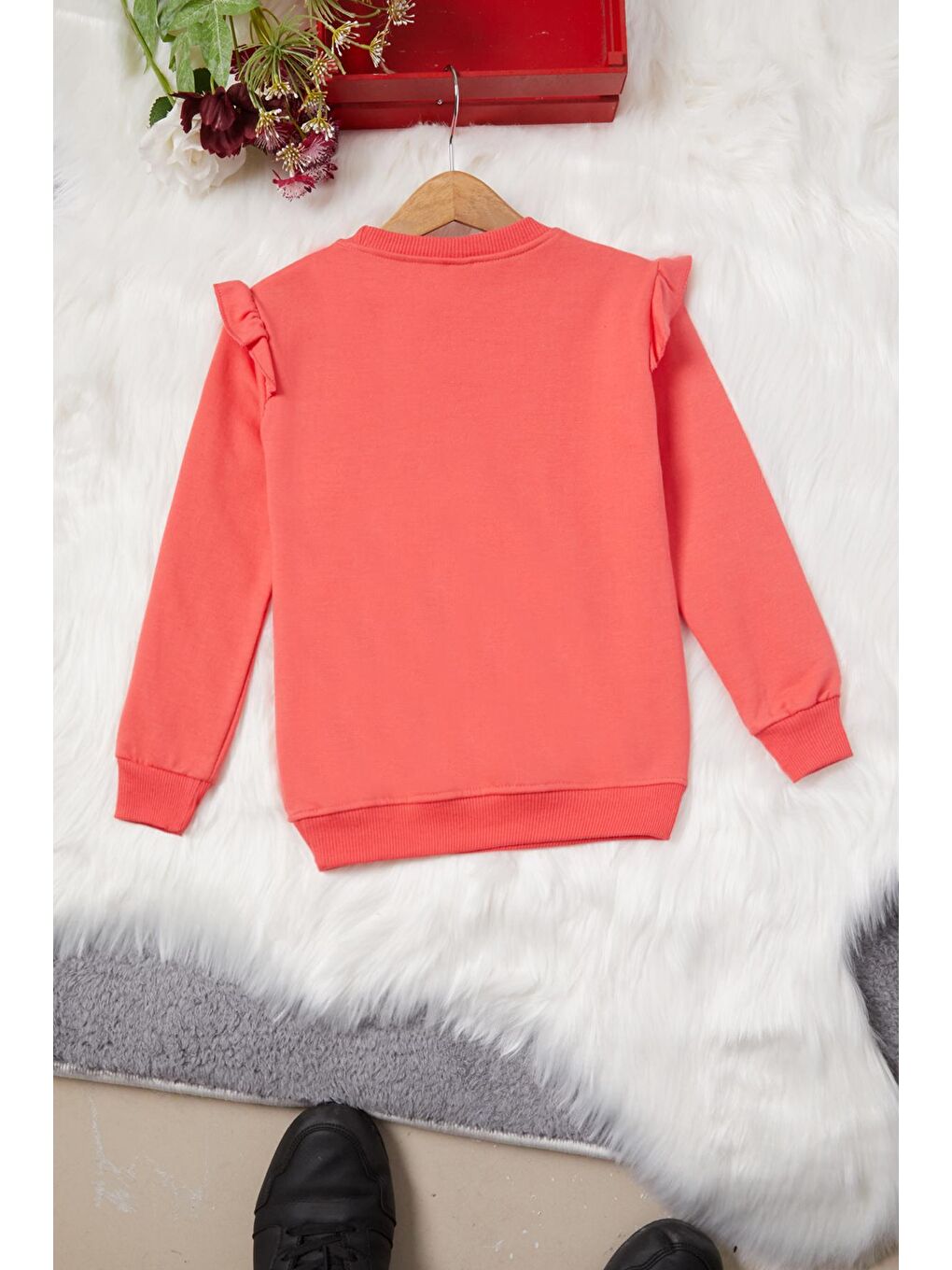 Kırmızı Ayıcıklı Kolları Volanlı Kız Çocuk Şardonlu Sweatshirt 16986-2