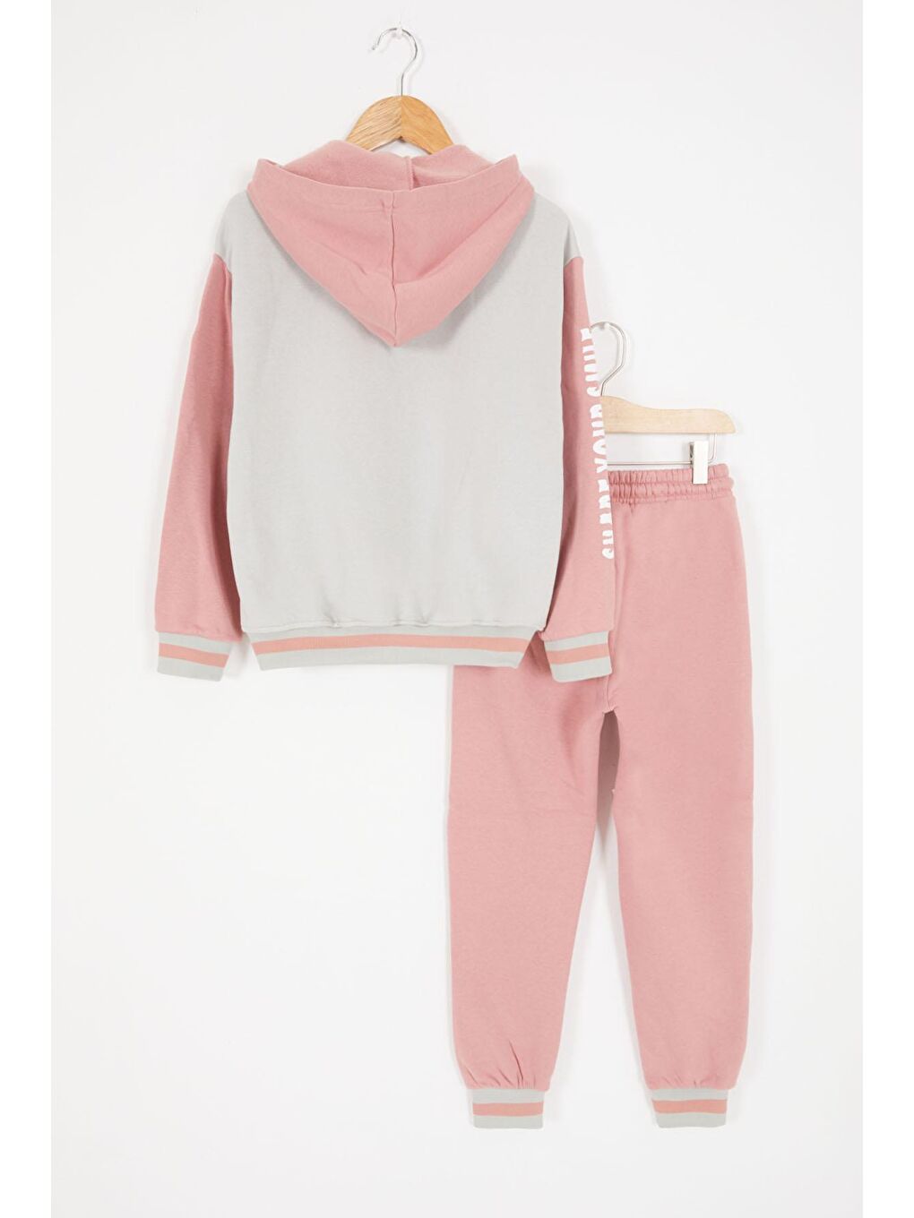 Gri Girl Yazı Baskılı Kapüşonlu Şardonlu Kolej Eşofman Takım 17070-4