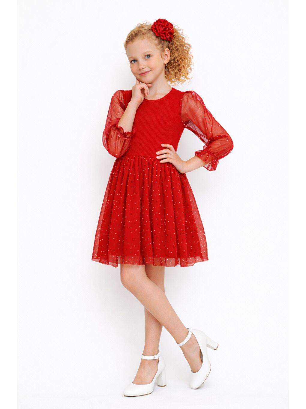 Kırmızı Kız Çocuk Tül Detaylı Taş İşlemeli Prenses Model Tokalı Özel Abiye Elbise Ak2602