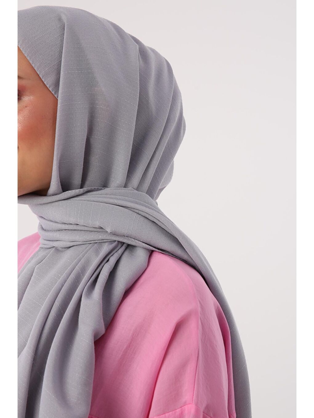 Açık Gri Şerit Detaylı Pamuklu Şal-2