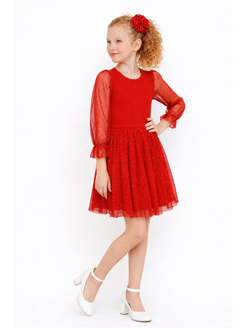 Kırmızı Kız Çocuk Tül Detaylı Taş İşlemeli Prenses Model Tokalı Özel Abiye Elbise Ak2602-1