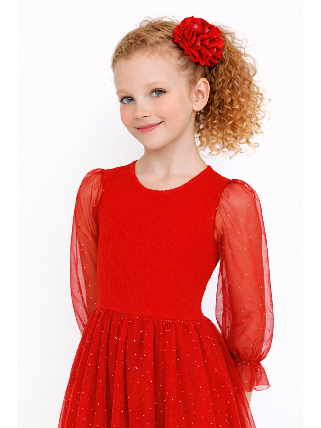 Kırmızı Kız Çocuk Tül Detaylı Taş İşlemeli Prenses Model Tokalı Özel Abiye Elbise Ak2602-2