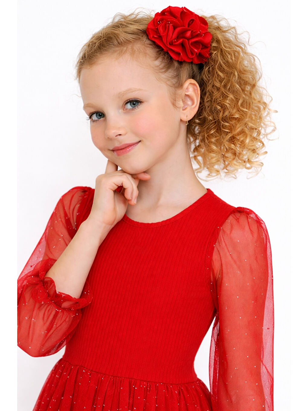 Kırmızı Kız Çocuk Tül Detaylı Taş İşlemeli Prenses Model Tokalı Özel Abiye Elbise Ak2602-3